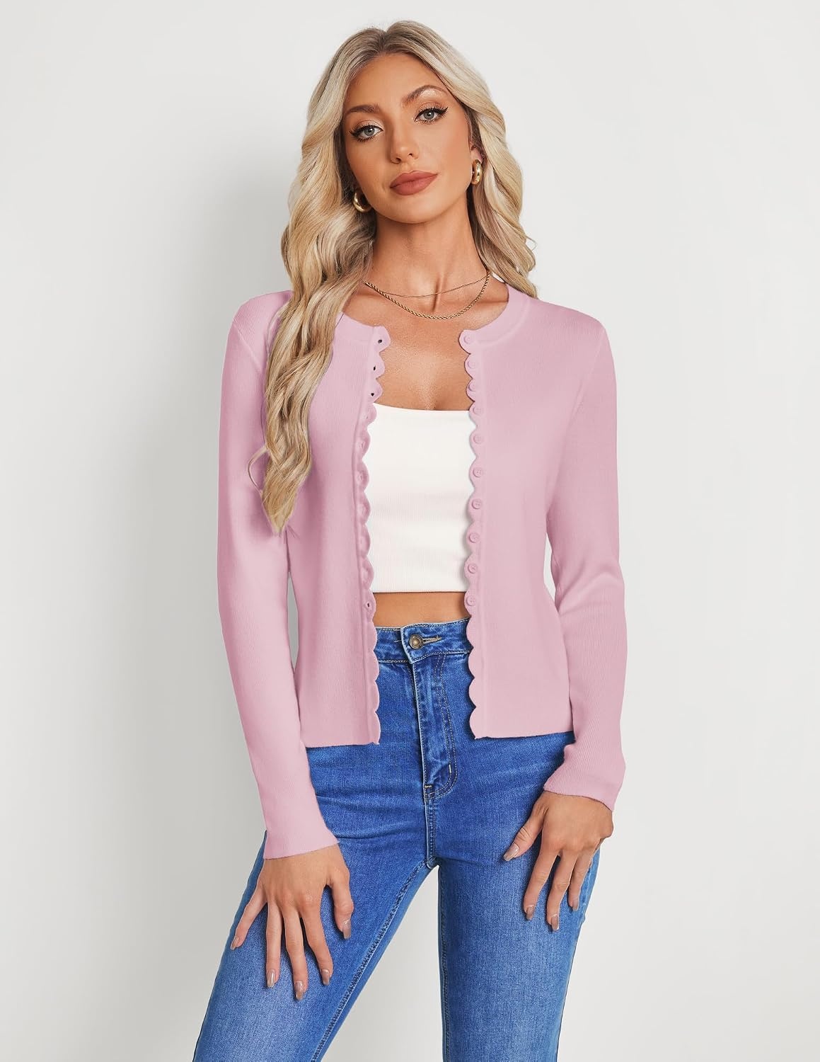image:imageGRACE KARIN Womens Cropped Cardigan Button up Scalloped Fall Outfits 2026Pink