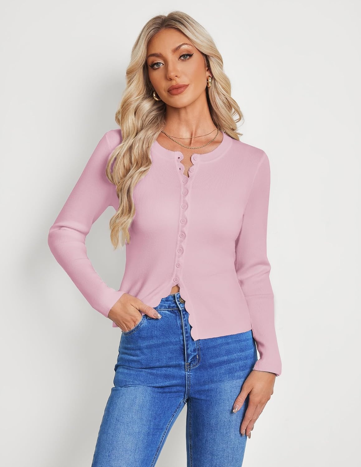 image:imageGRACE KARIN Womens Cropped Cardigan Button up Scalloped Fall Outfits 2026Pink