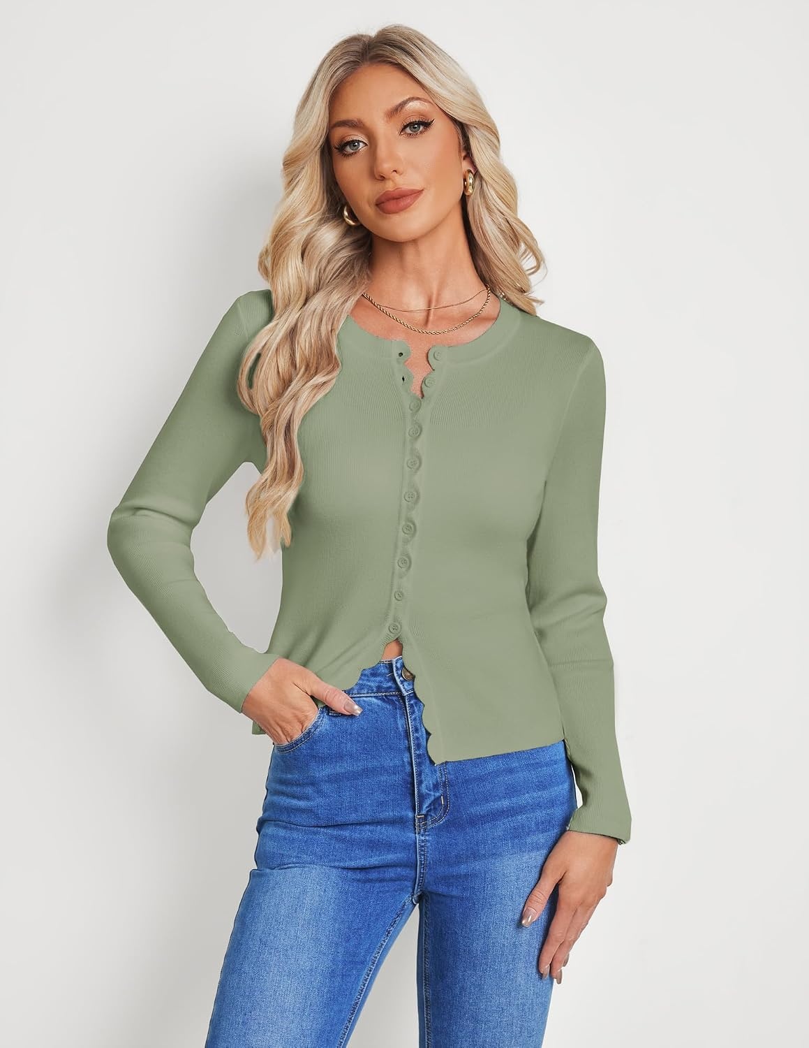 image:imageGRACE KARIN Womens Cropped Cardigan Button up Scalloped Fall Outfits 2026Sage Green