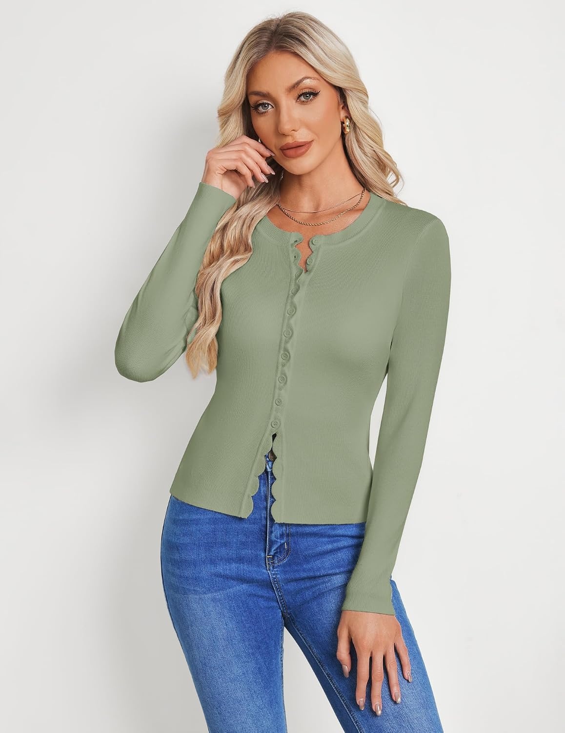 image:imageGRACE KARIN Womens Cropped Cardigan Button up Scalloped Fall Outfits 2026Sage Green