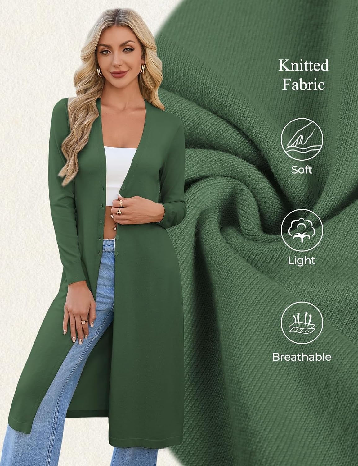 image:imageGRACE KARIN Womens Long Cardigan Trendy Lightweight Knit Dusters CoatArmy Green