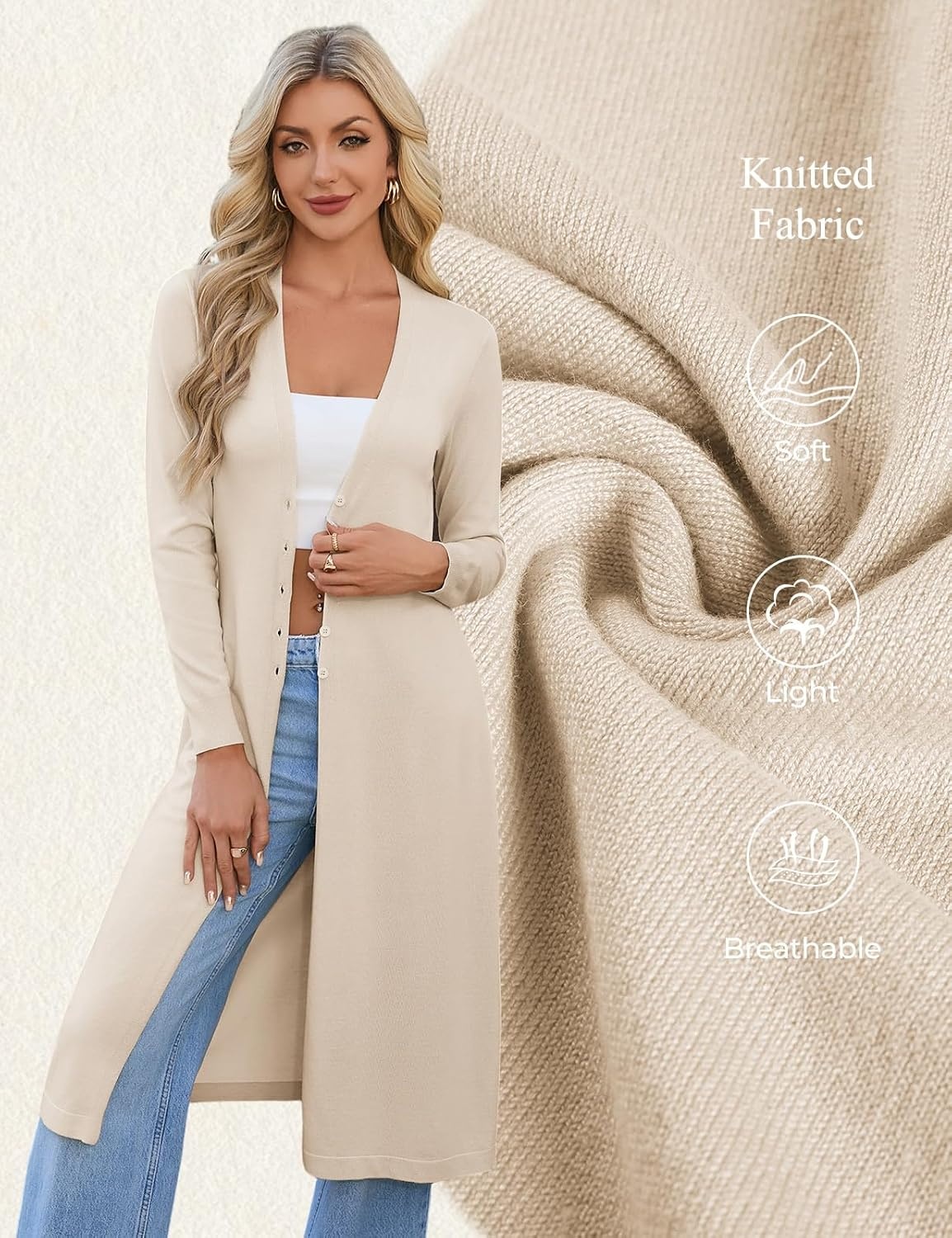 image:imageGRACE KARIN Womens Long Cardigan Trendy Lightweight Knit Dusters CoatBeige