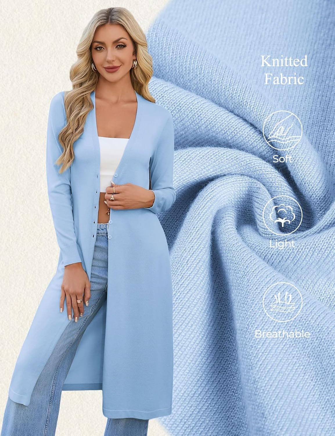 image:imageGRACE KARIN Womens Long Cardigan Trendy Lightweight Knit Dusters CoatBlue