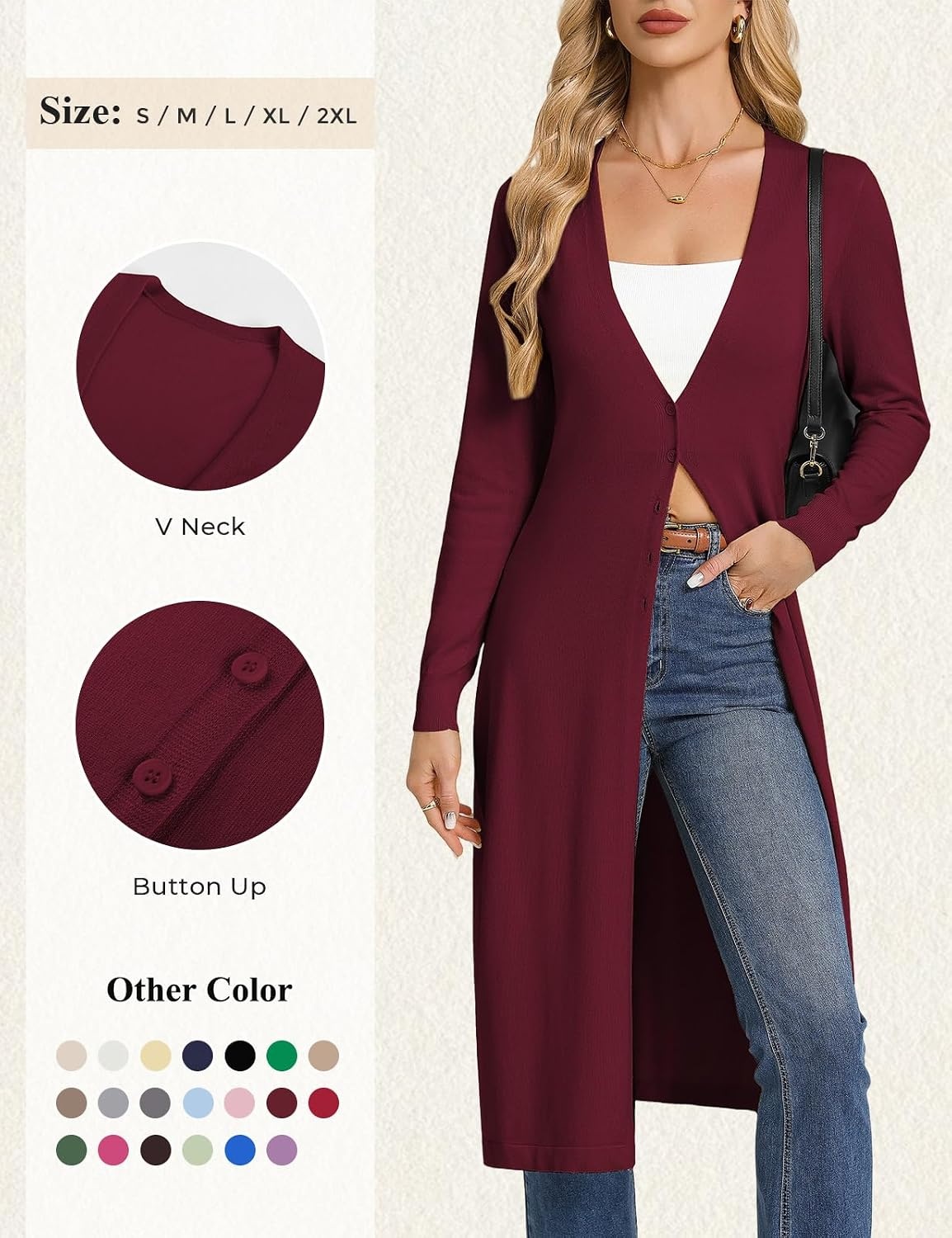 image:imageGRACE KARIN Womens Long Cardigan Trendy Lightweight Knit Dusters CoatBurgundy