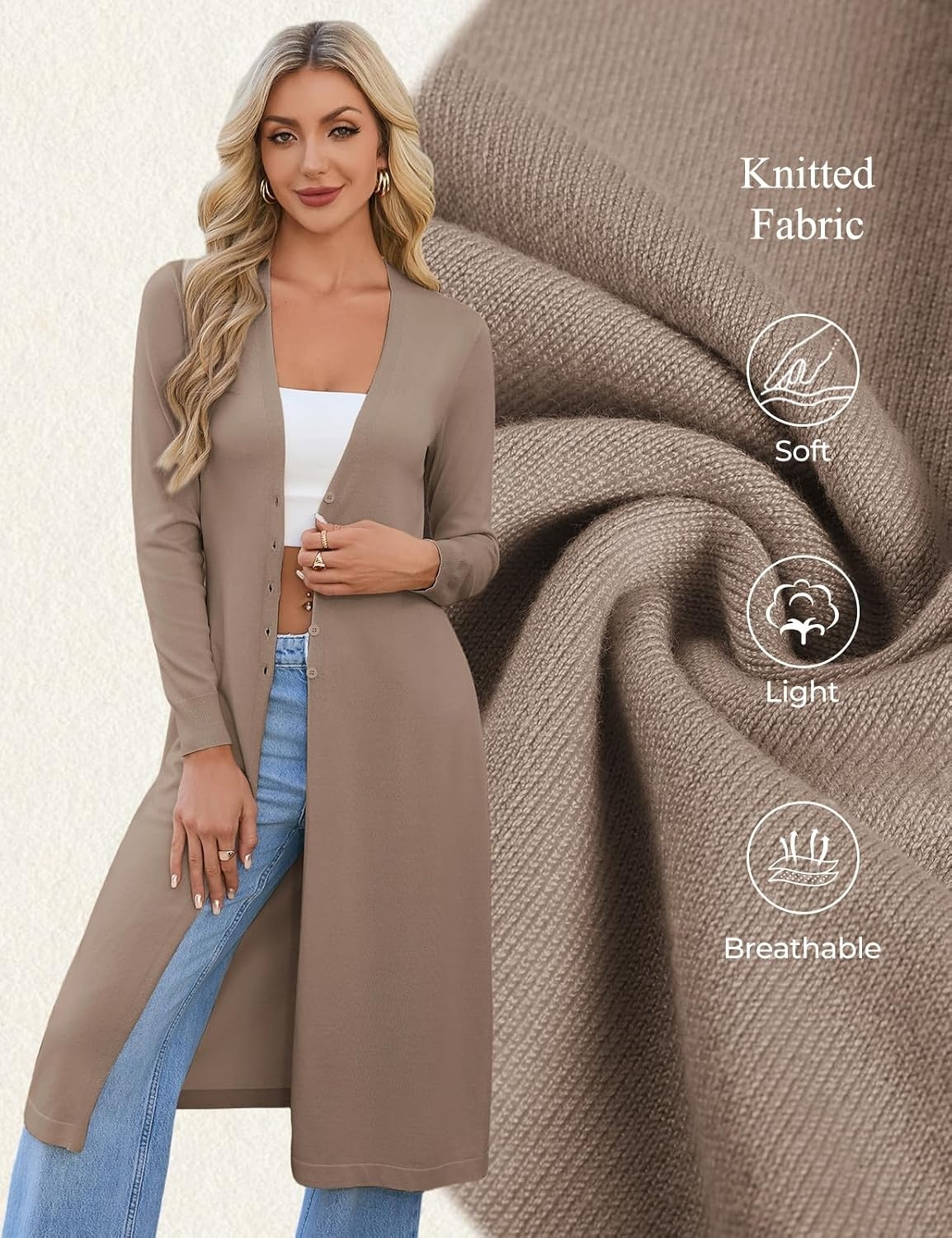 image:imageGRACE KARIN Womens Long Cardigan Trendy Lightweight Knit Dusters CoatCamel