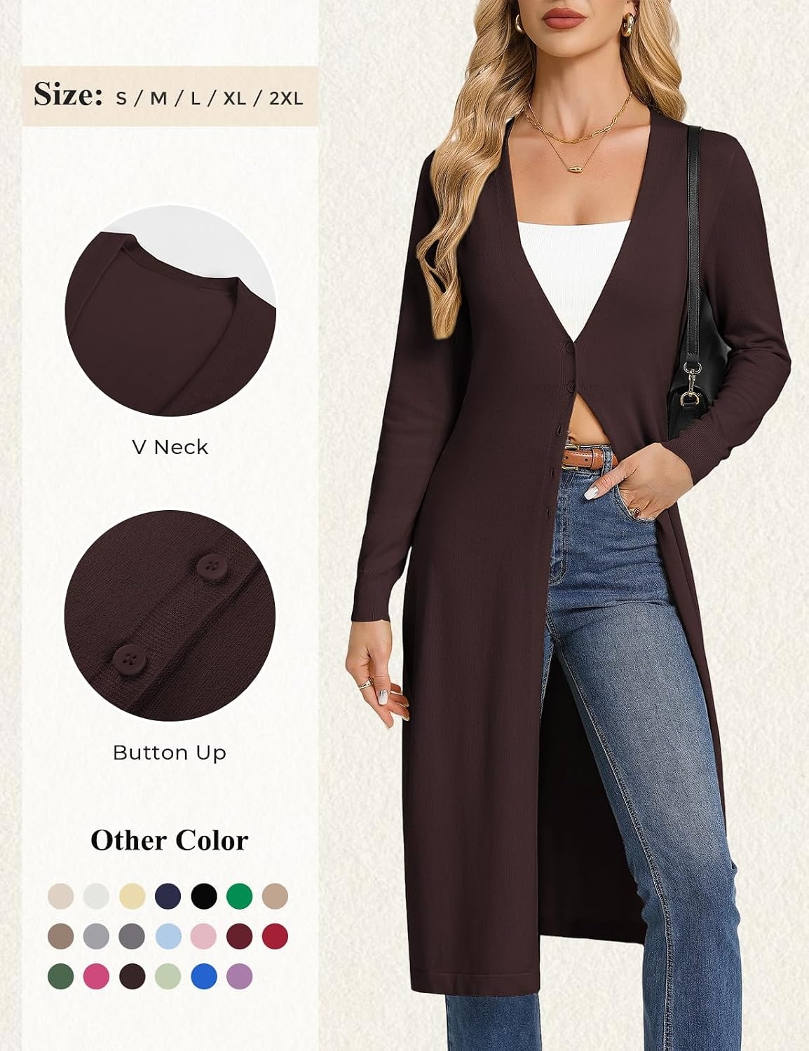 image:imageGRACE KARIN Womens Long Cardigan Trendy Lightweight Knit Dusters CoatCoffee