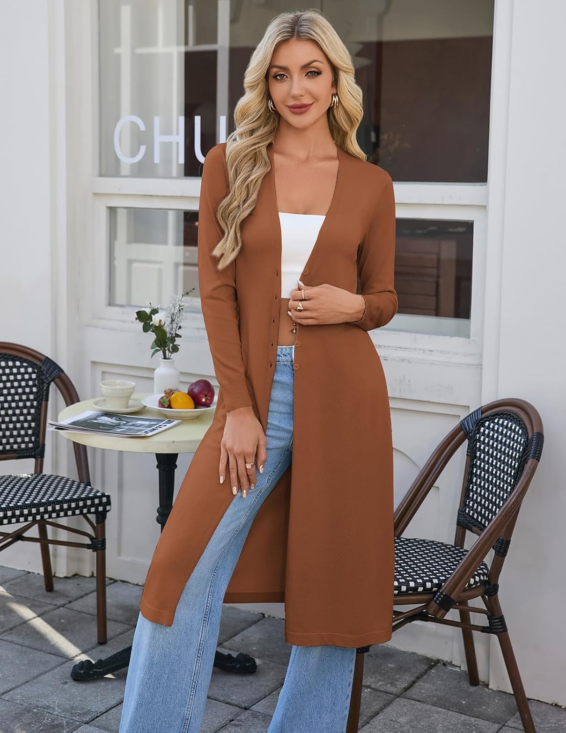 image:imageGRACE KARIN Womens Long Cardigan Trendy Lightweight Knit Dusters CoatCoffee Brown