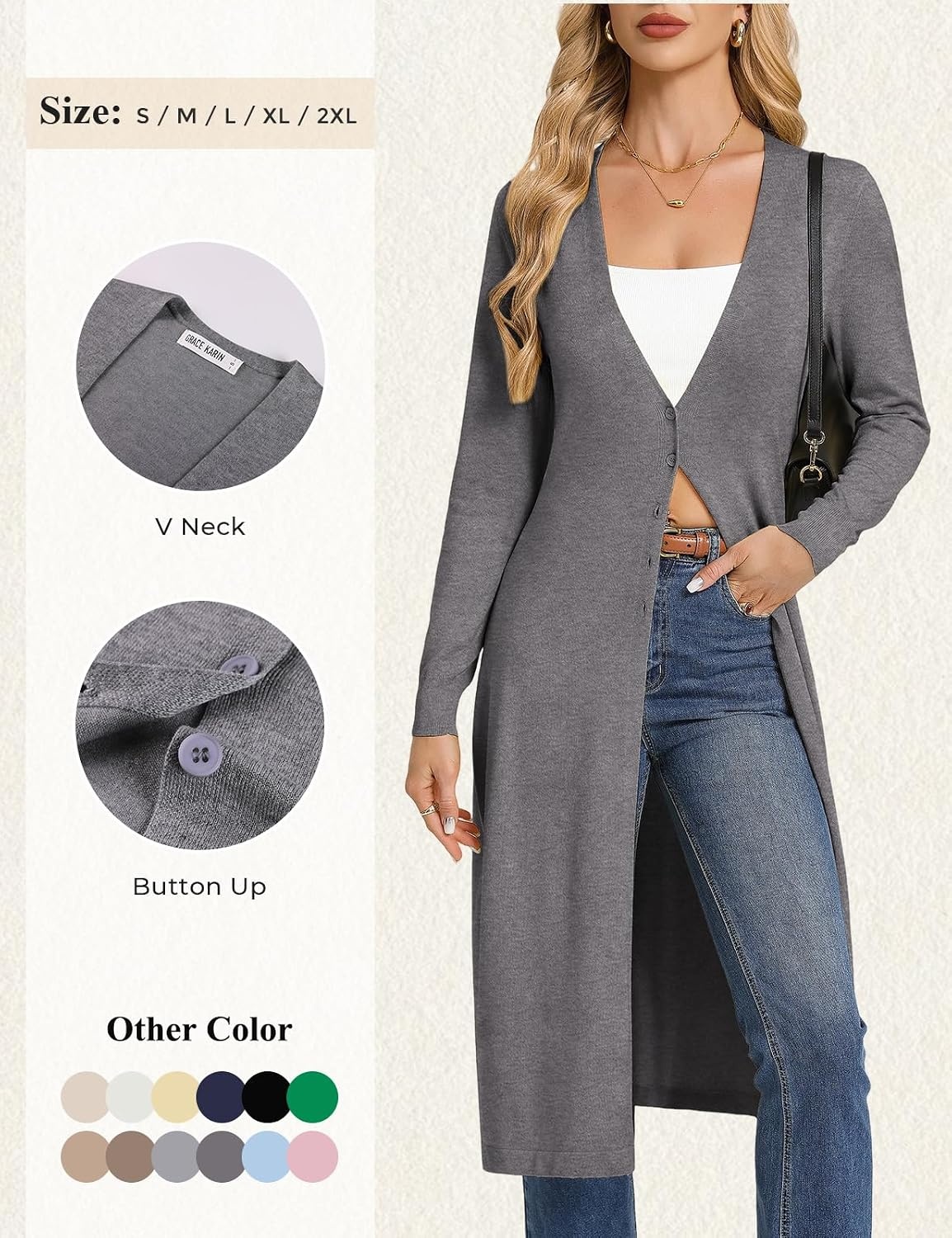 image:imageGRACE KARIN Womens Long Cardigan Trendy Lightweight Knit Dusters CoatDark Grey