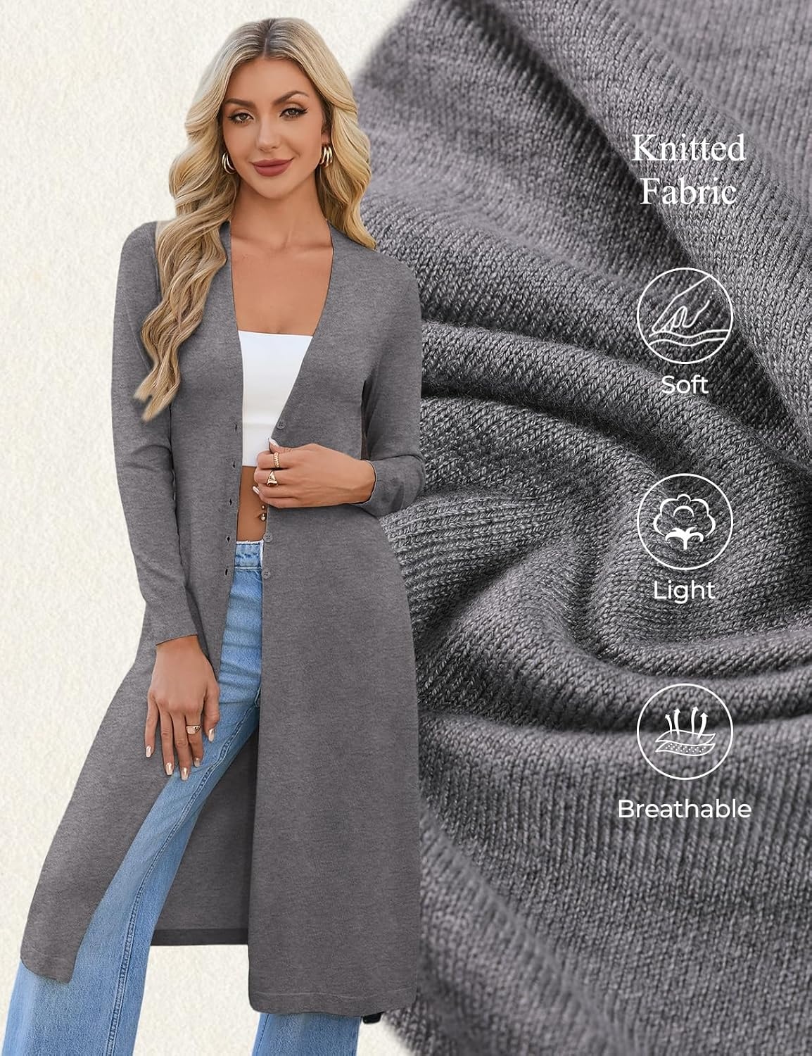 image:imageGRACE KARIN Womens Long Cardigan Trendy Lightweight Knit Dusters CoatDark Grey
