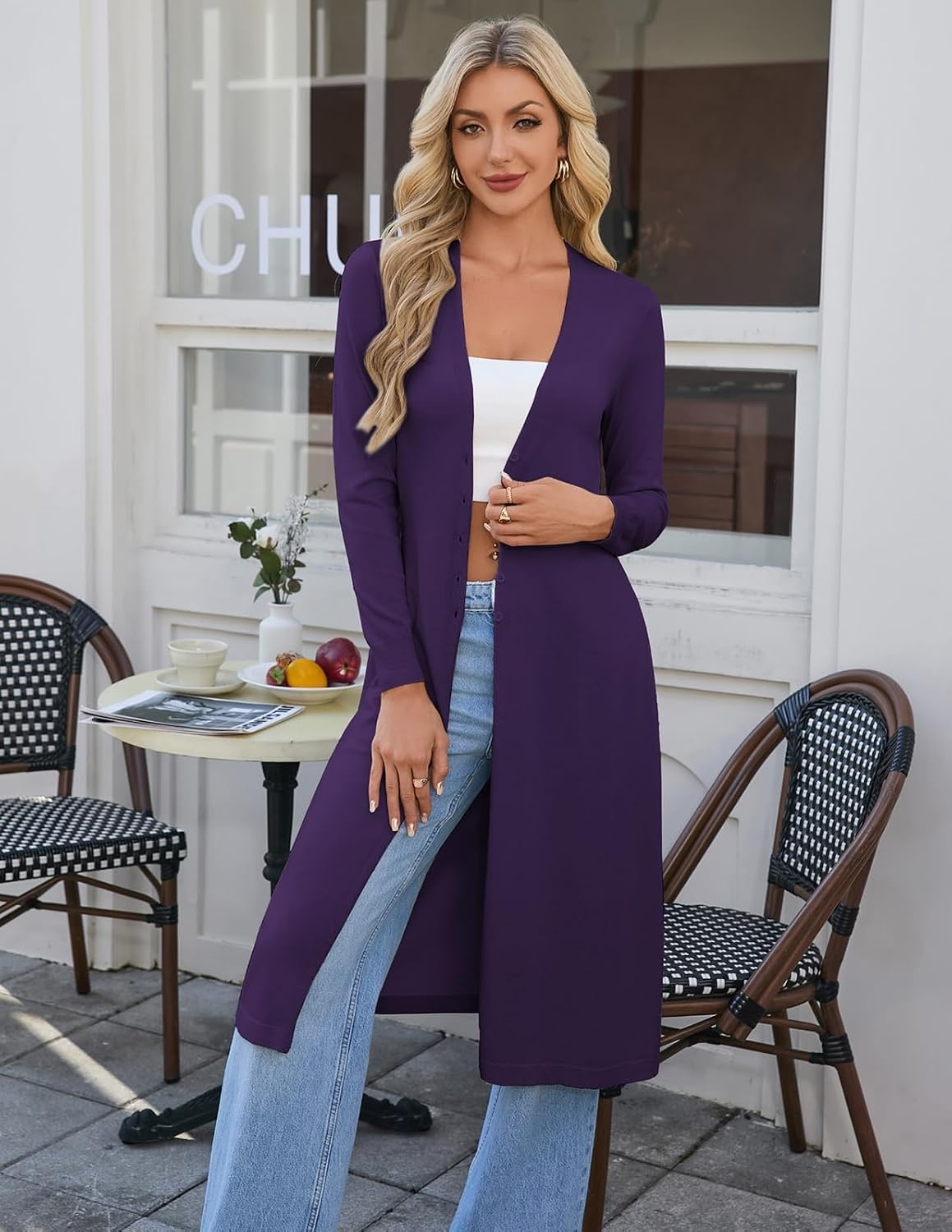 image:imageGRACE KARIN Womens Long Cardigan Trendy Lightweight Knit Dusters CoatDark Purple
