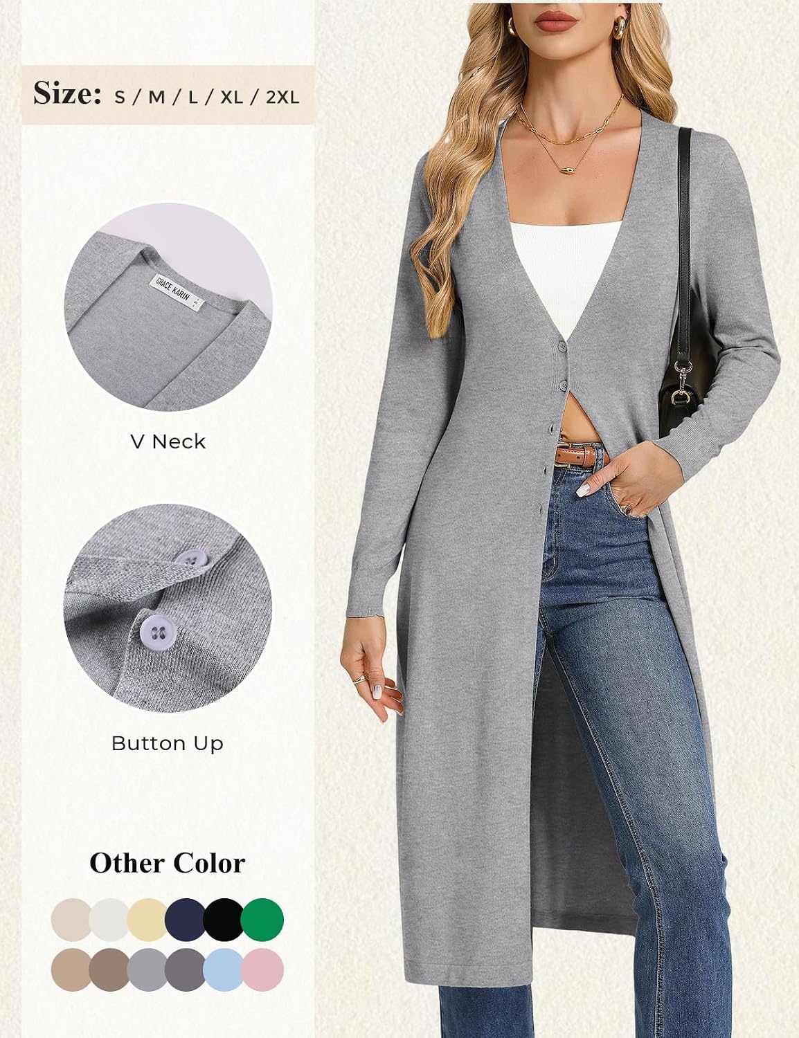 image:imageGRACE KARIN Womens Long Cardigan Trendy Lightweight Knit Dusters CoatGrey
