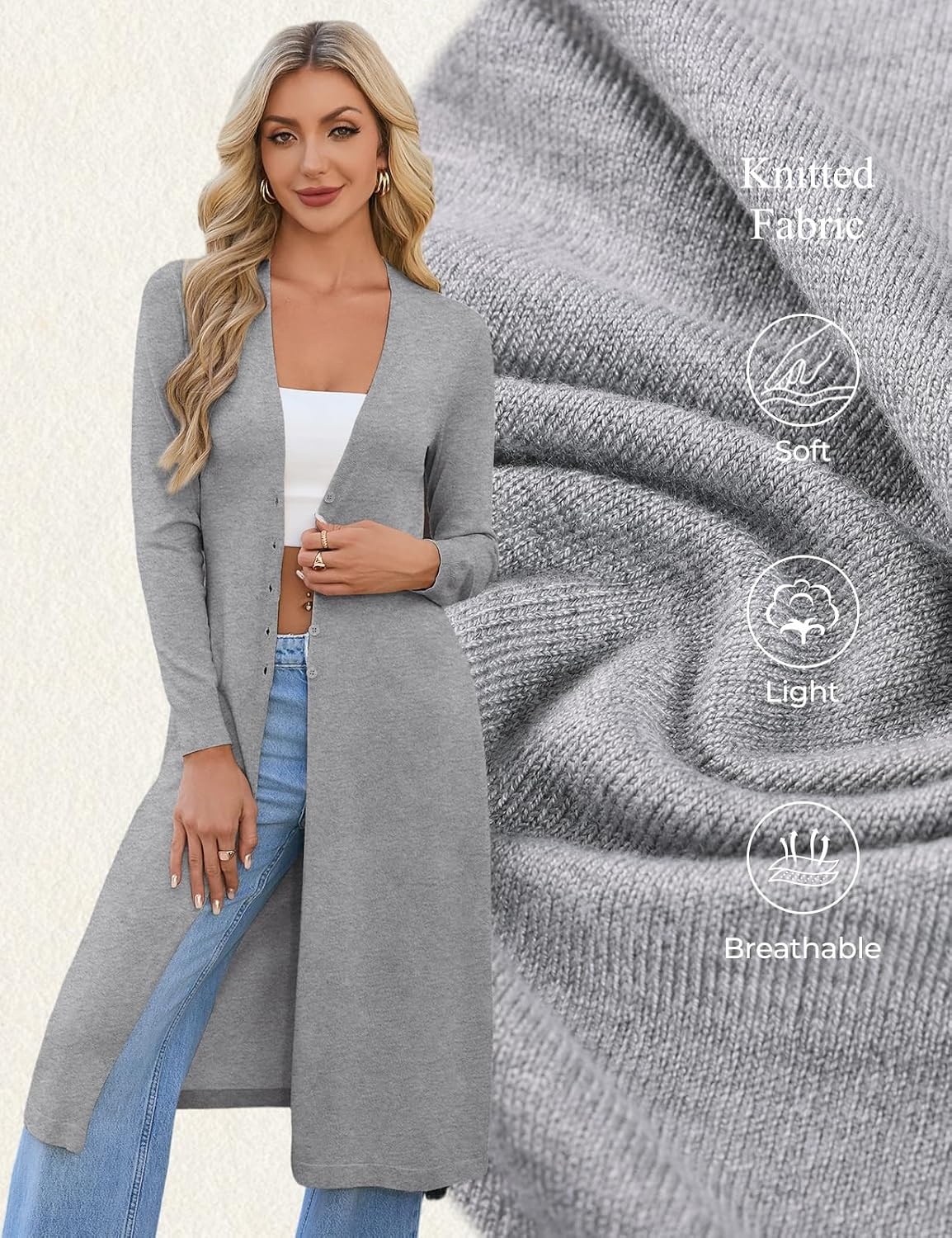 image:imageGRACE KARIN Womens Long Cardigan Trendy Lightweight Knit Dusters CoatGrey