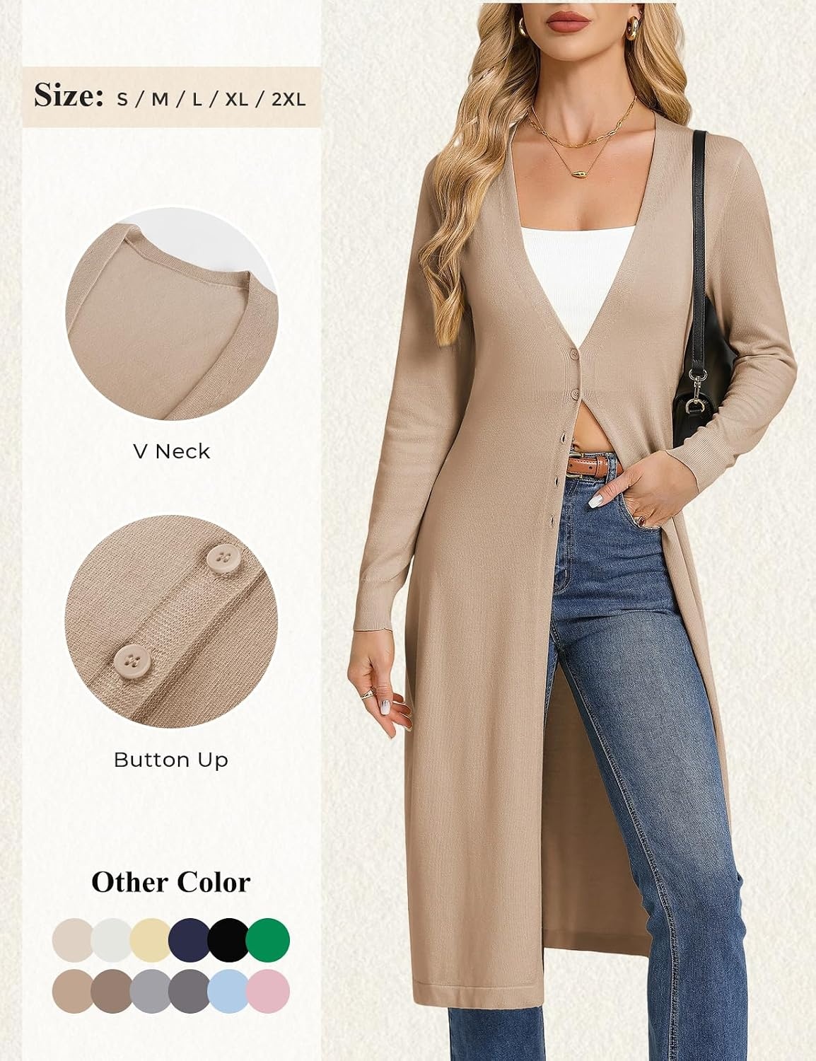 image:imageGRACE KARIN Womens Long Cardigan Trendy Lightweight Knit Dusters CoatKhaki