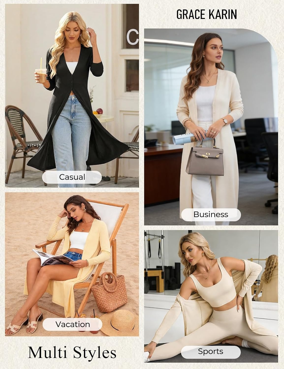 image:imageGRACE KARIN Womens Long Cardigan Trendy Lightweight Knit Dusters CoatKhaki