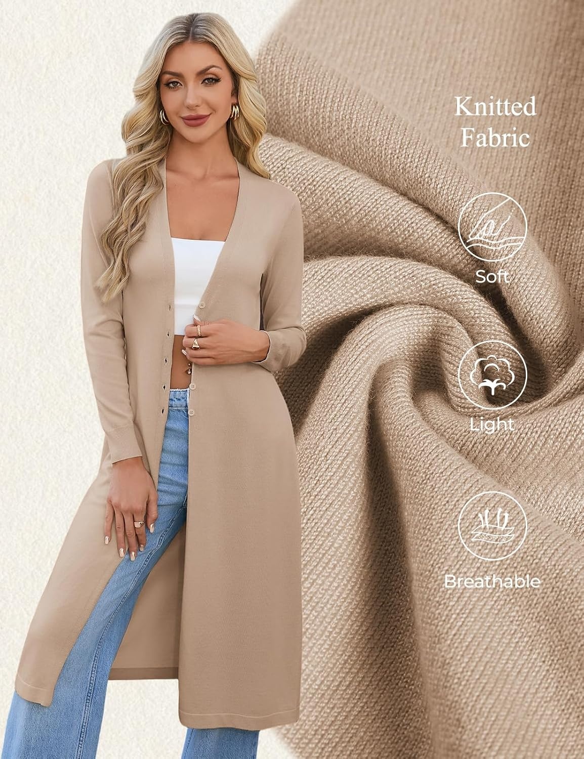 image:imageGRACE KARIN Womens Long Cardigan Trendy Lightweight Knit Dusters CoatKhaki