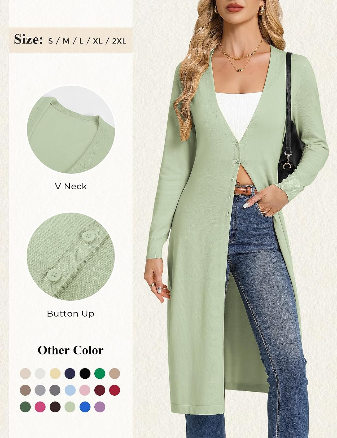 image:imageGRACE KARIN Womens Long Cardigan Trendy Lightweight Knit Dusters CoatLight Green