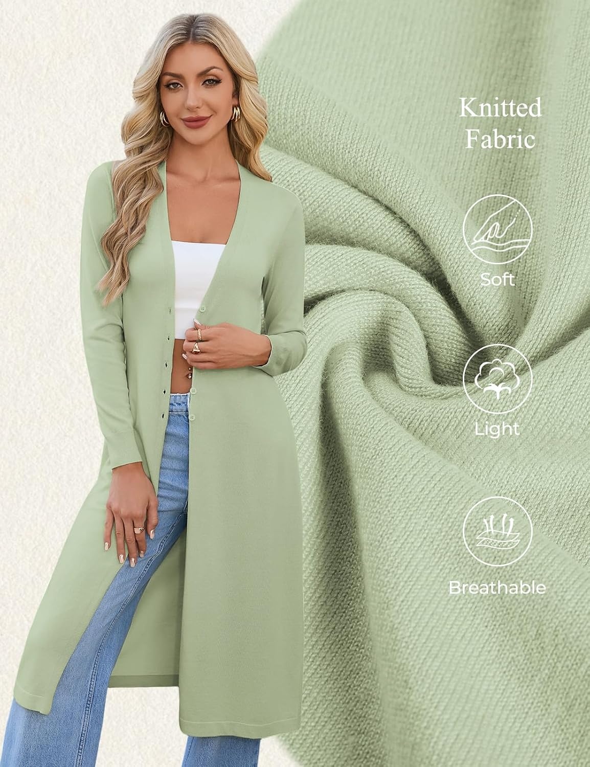 image:imageGRACE KARIN Womens Long Cardigan Trendy Lightweight Knit Dusters CoatLight Green
