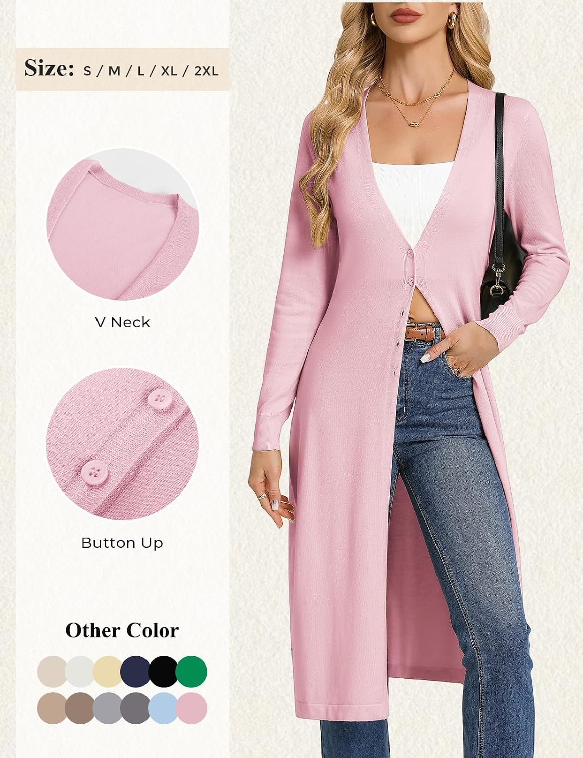 image:imageGRACE KARIN Womens Long Cardigan Trendy Lightweight Knit Dusters CoatPink