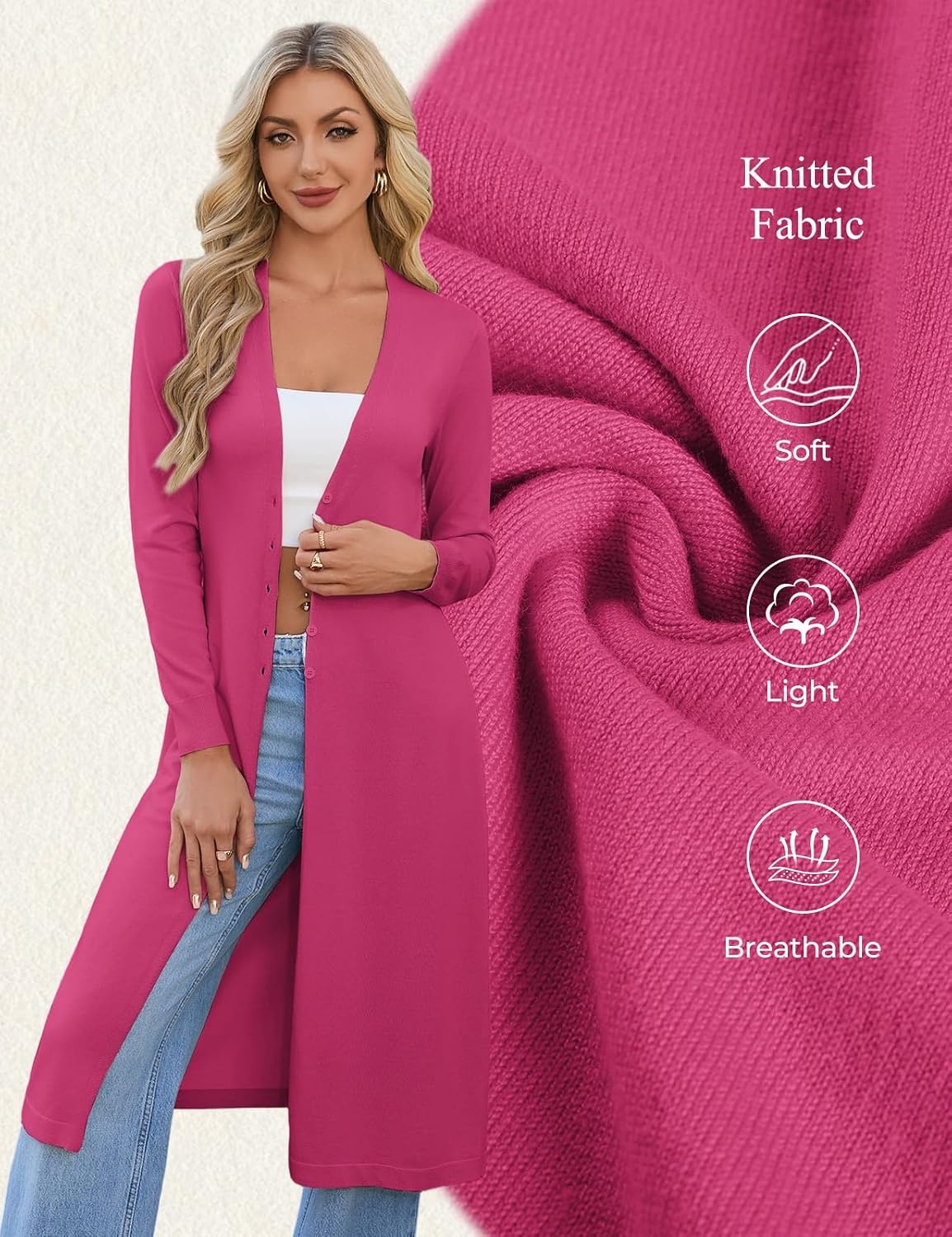 image:imageGRACE KARIN Womens Long Cardigan Trendy Lightweight Knit Dusters CoatRose Red