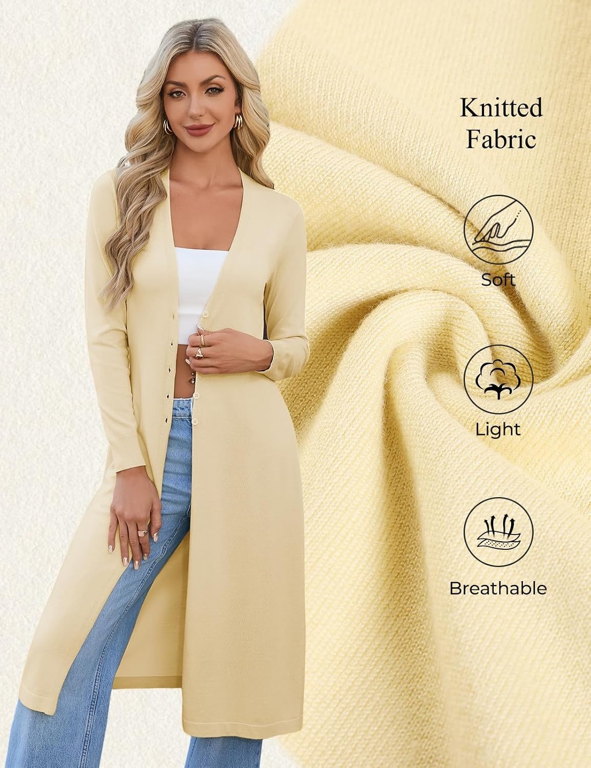 image:imageGRACE KARIN Womens Long Cardigan Trendy Lightweight Knit Dusters CoatYellow