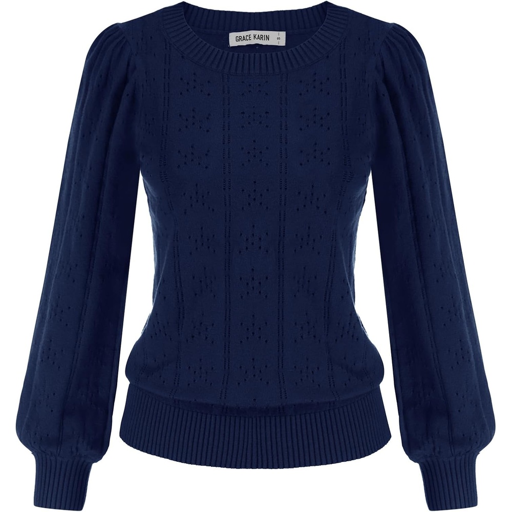 image:imageGRACE KARIN Puff Long Sleeve Crochet Fall Sweaters for Women Trendy 2026Cl0834 Dark Blue Long Sleeve