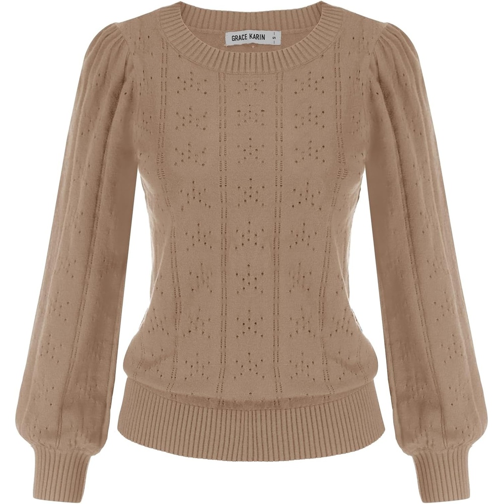 image:imageGRACE KARIN Puff Long Sleeve Crochet Fall Sweaters for Women Trendy 2026Cl0834 Dark Khaki Long Sleeve