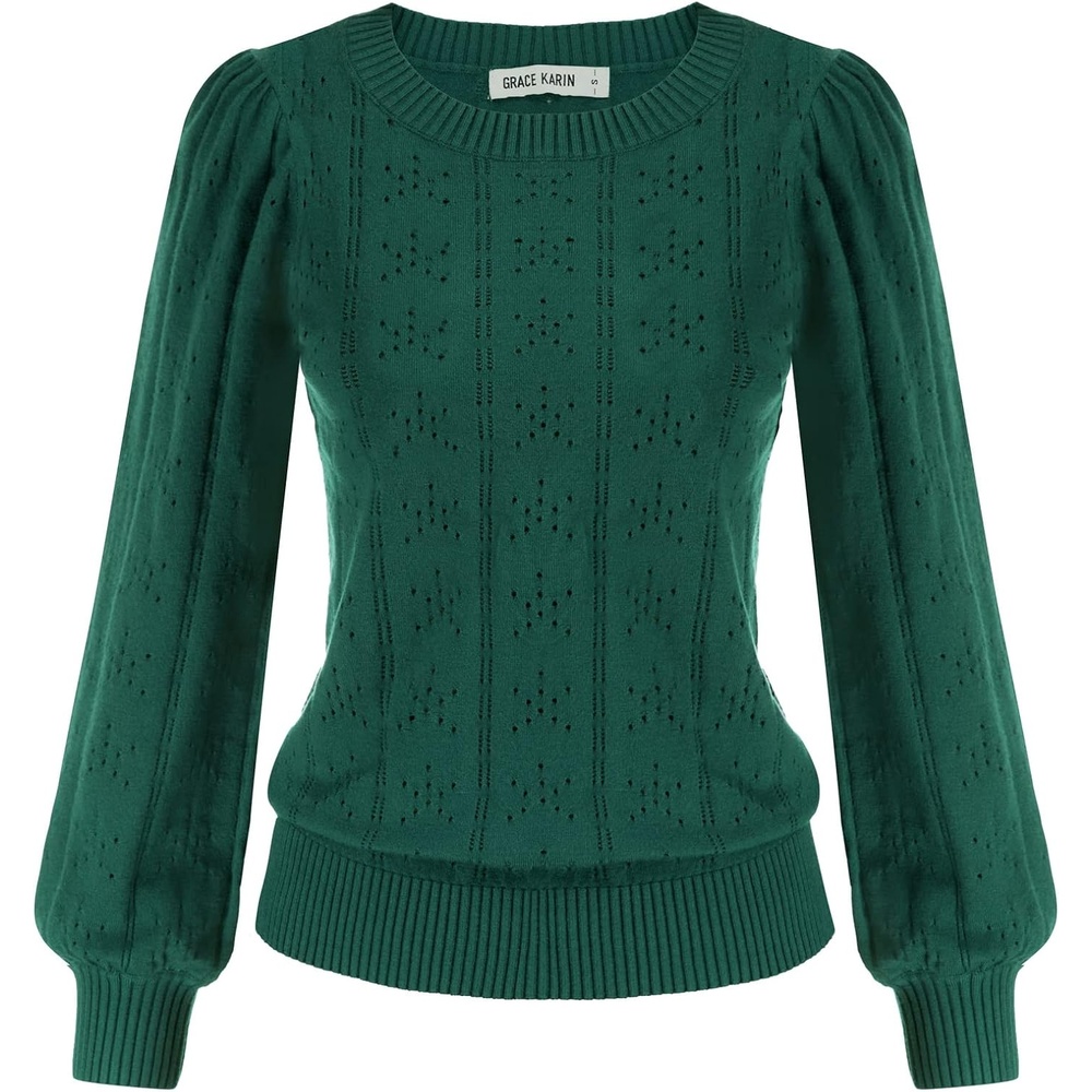 image:imageGRACE KARIN Puff Long Sleeve Crochet Fall Sweaters for Women Trendy 2026Cl0834 Green Long Sleeve