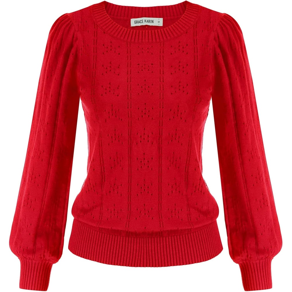 image:imageGRACE KARIN Puff Long Sleeve Crochet Fall Sweaters for Women Trendy 2026Cl0834 Red Long Sleeve