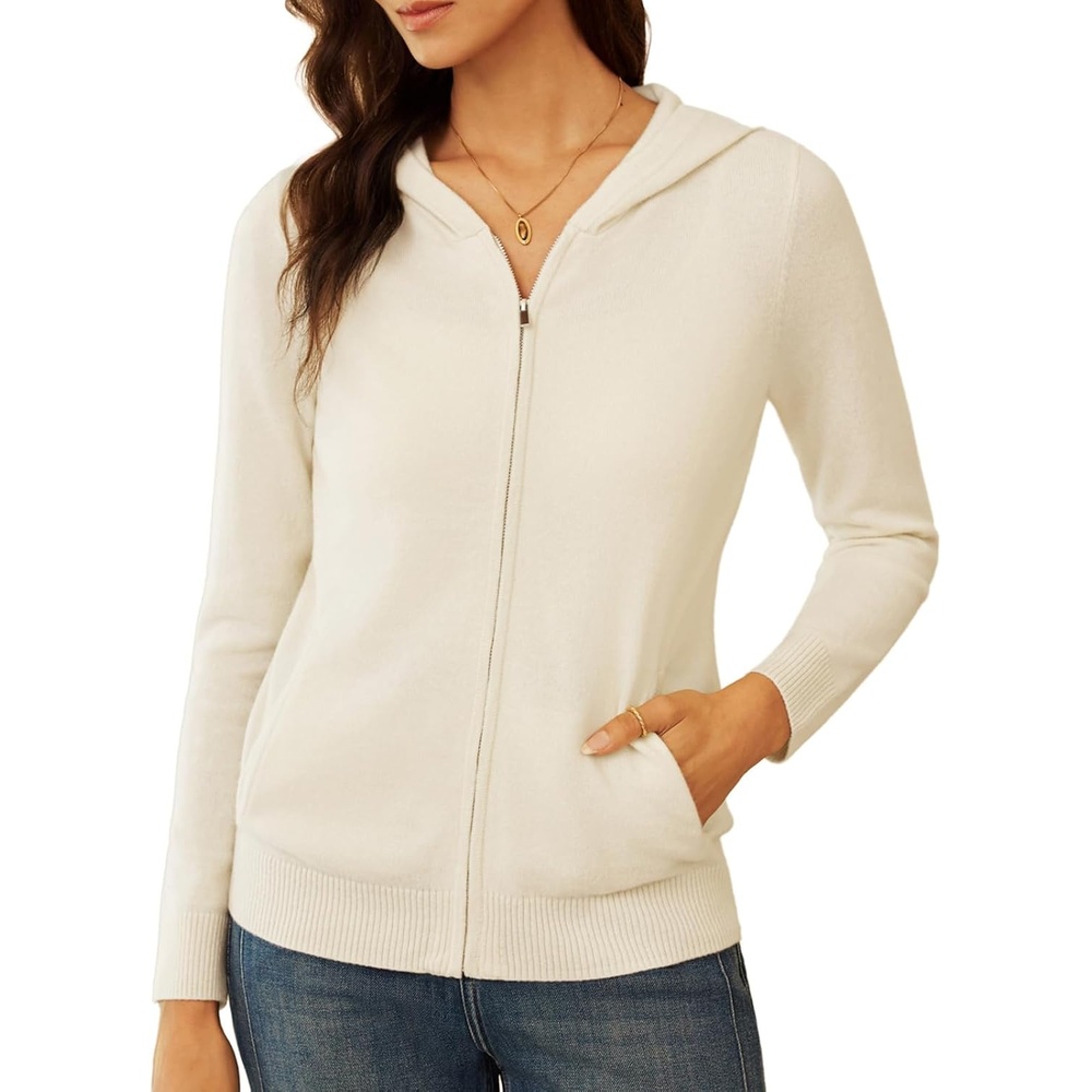image:imageGRACE KARIN Women 100 Merino Wool Cardigan Sweater Zip Up Hoodie SweaterApricot White