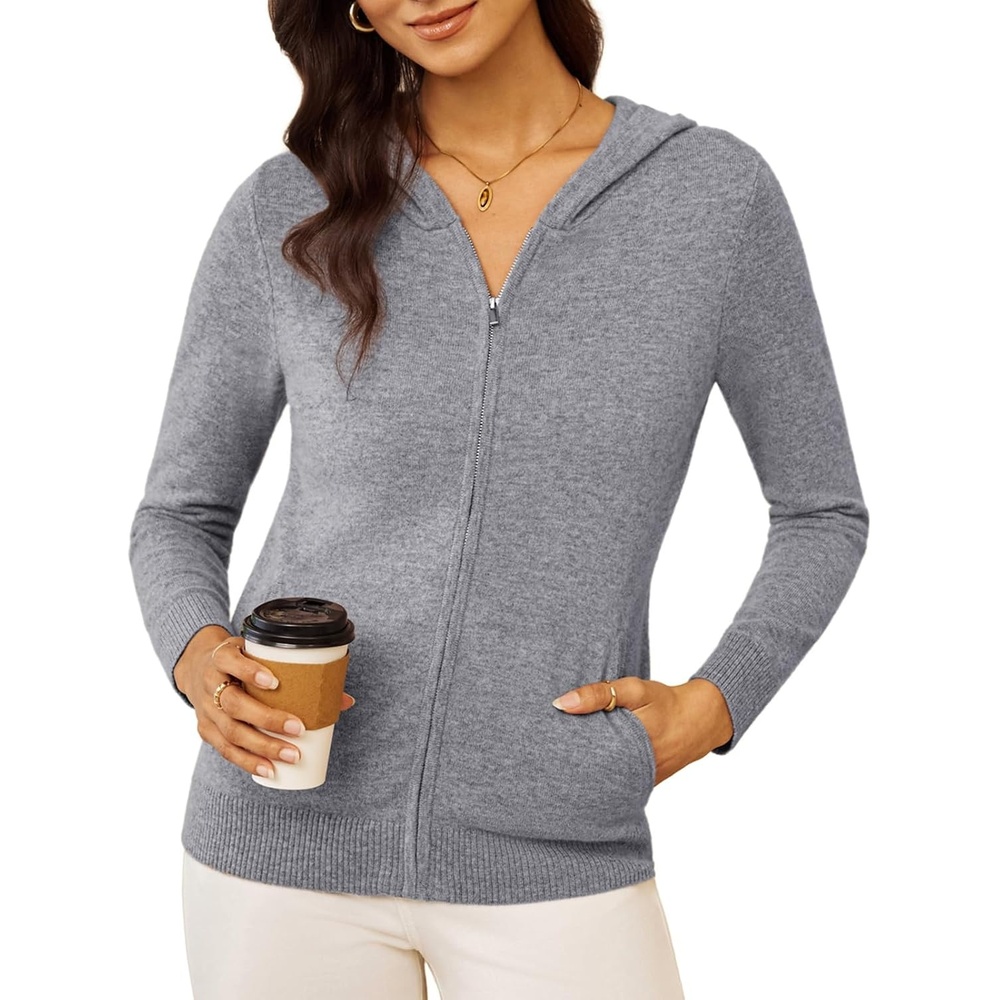 image:imageGRACE KARIN Women 100 Merino Wool Cardigan Sweater Zip Up Hoodie SweaterGray