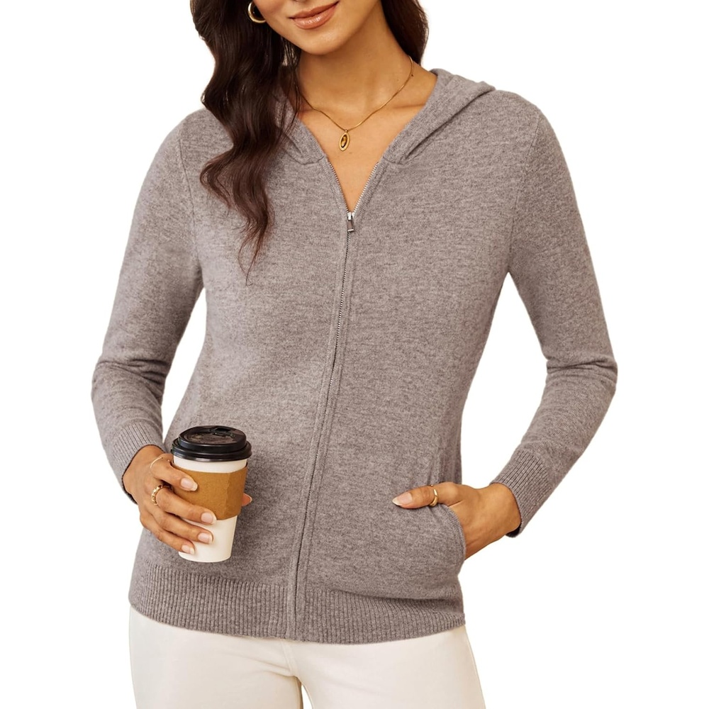 image:imageGRACE KARIN Women 100 Merino Wool Cardigan Sweater Zip Up Hoodie SweaterKhaki