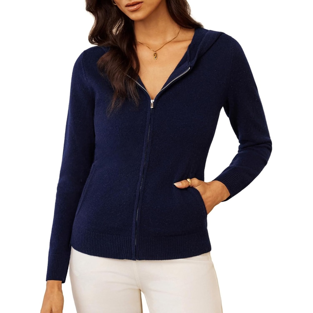 image:imageGRACE KARIN Women 100 Merino Wool Cardigan Sweater Zip Up Hoodie SweaterNavy Blue