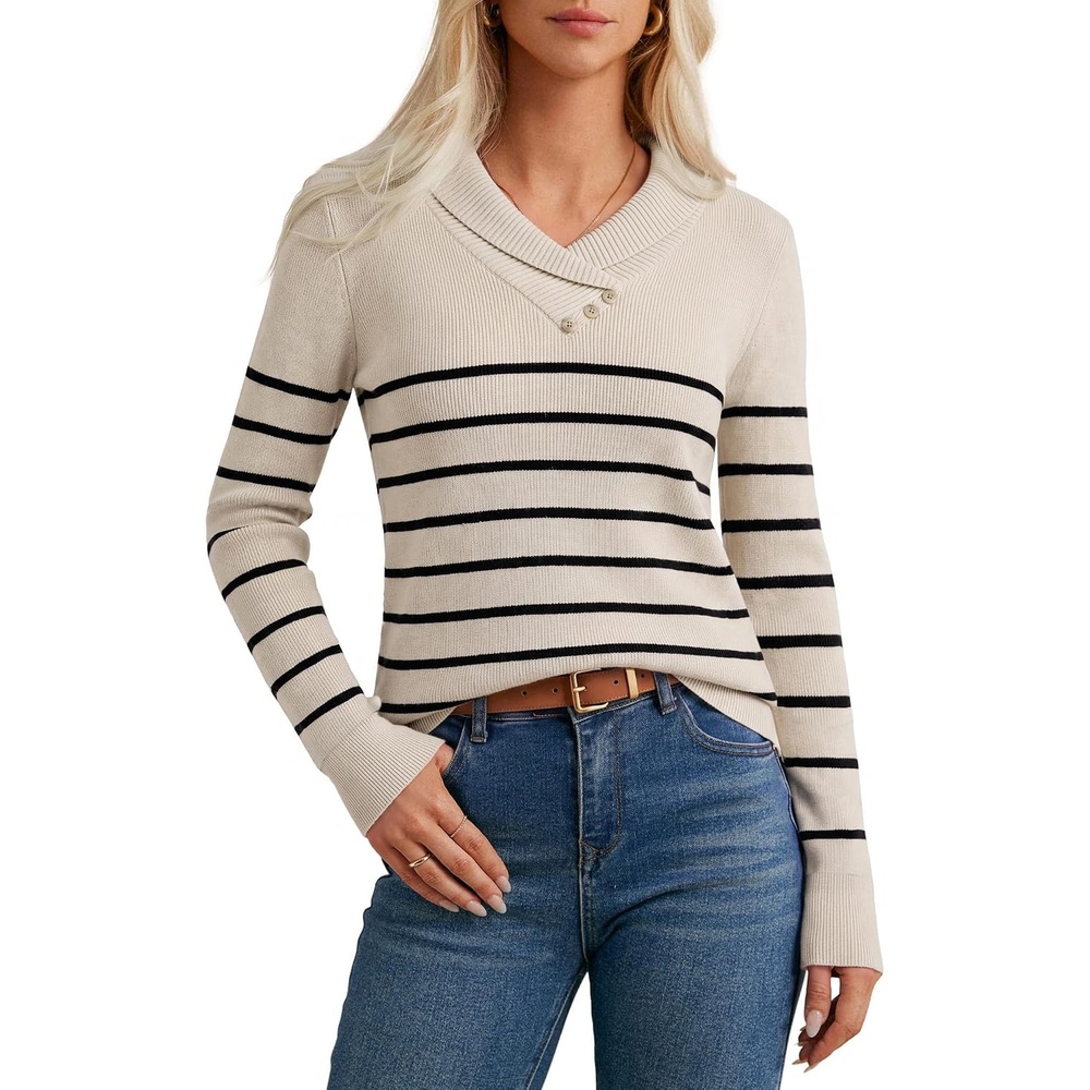 image:imageGRACE KARIN Women Fall Long Sleeve V Neck Collar Knit Pullover SweatersBeige Black Striped