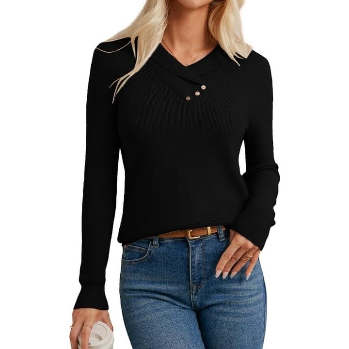 image:imageGRACE KARIN Women Fall Long Sleeve V Neck Collar Knit Pullover SweatersBlack