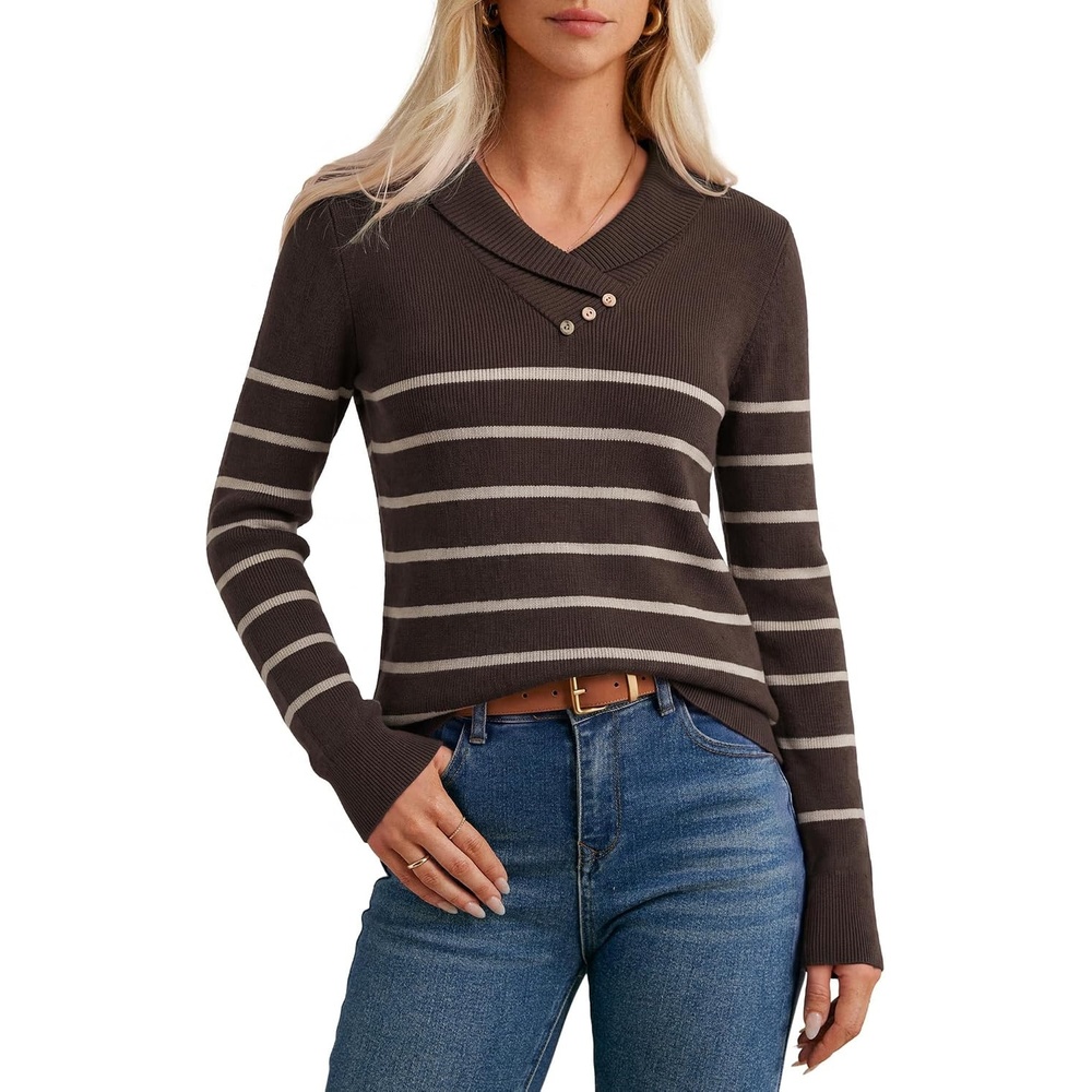 image:imageGRACE KARIN Women Fall Long Sleeve V Neck Collar Knit Pullover SweatersBrown Beige Striped