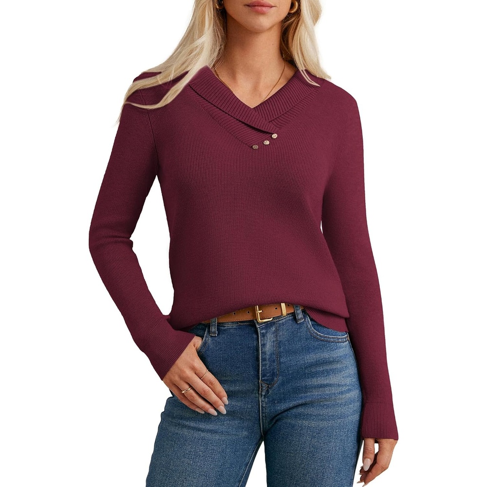 image:imageGRACE KARIN Women Fall Long Sleeve V Neck Collar Knit Pullover SweatersBrown Red