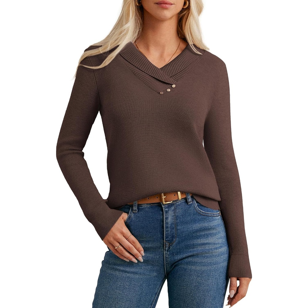 image:imageGRACE KARIN Women Fall Long Sleeve V Neck Collar Knit Pullover SweatersDeep Brown