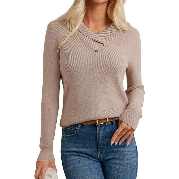image:imageGRACE KARIN Women Fall Long Sleeve V Neck Collar Knit Pullover SweatersKhaki