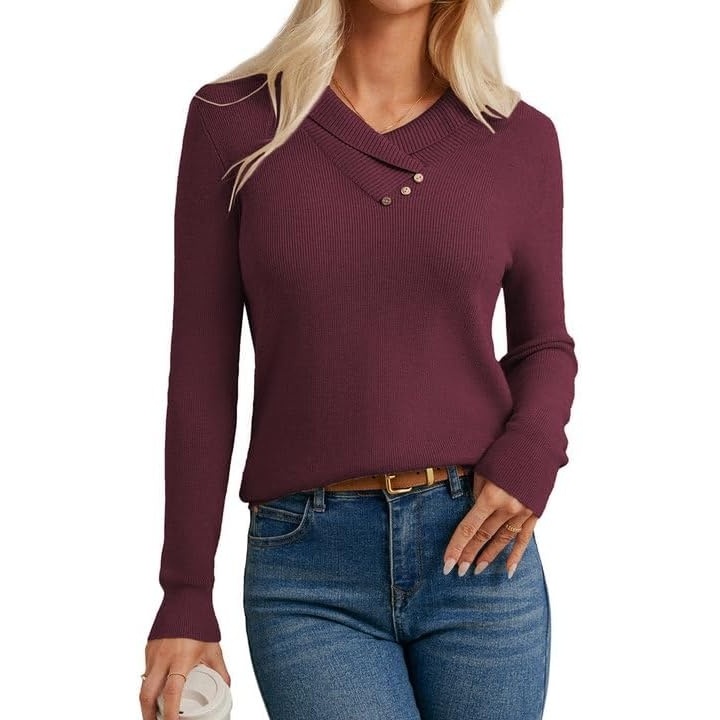 image:imageGRACE KARIN Women Fall Long Sleeve V Neck Collar Knit Pullover SweatersRed