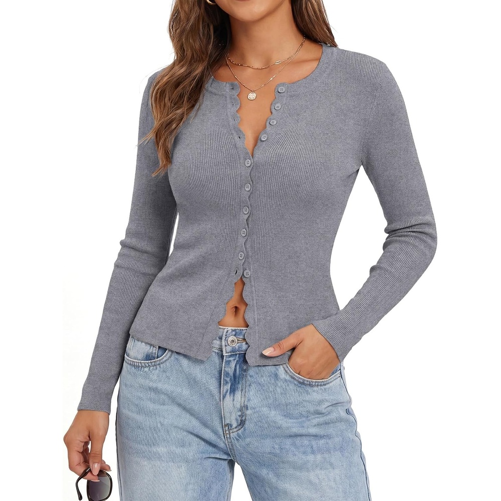 image:imageGRACE KARIN Womens Cropped Cardigan Button up Scalloped Fall Outfits 2026Grey