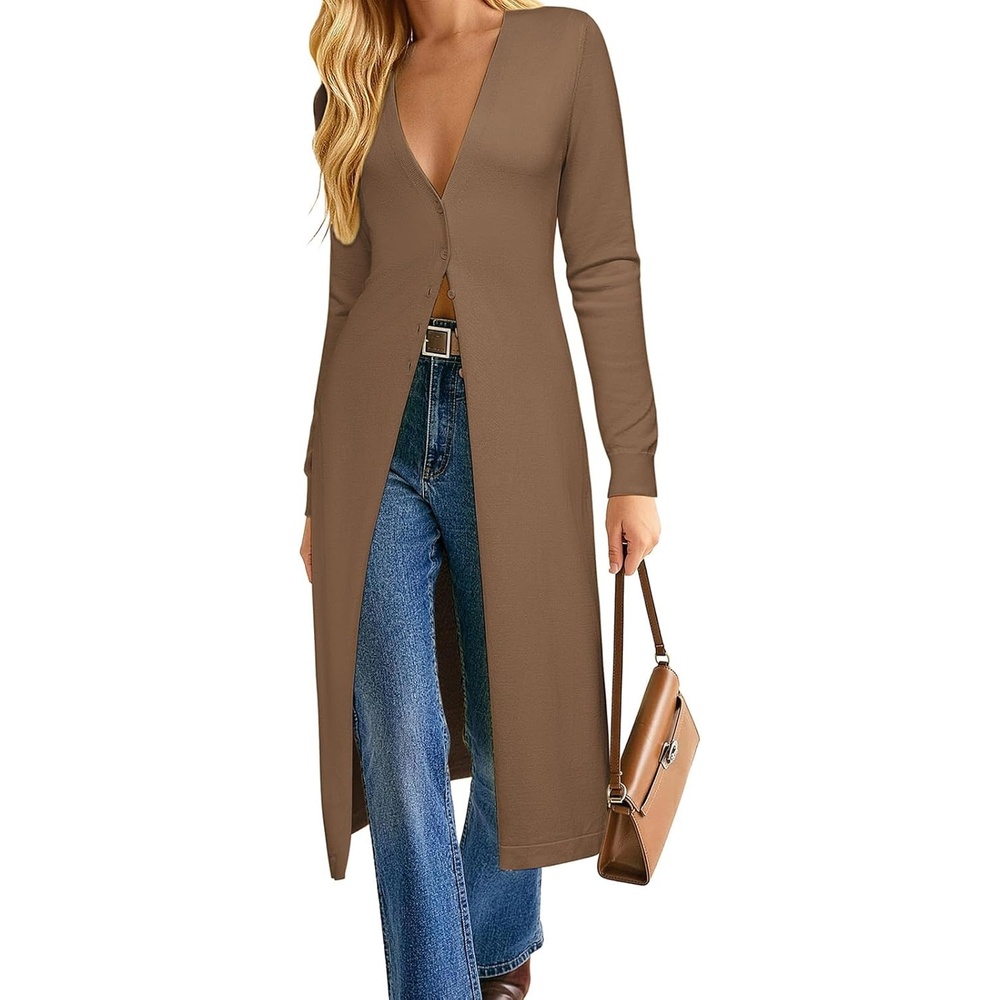 image:imageGRACE KARIN Womens Long Cardigan Trendy Lightweight Knit Dusters CoatAntique Camel