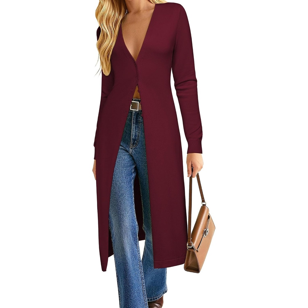 image:imageGRACE KARIN Womens Long Cardigan Trendy Lightweight Knit Dusters CoatBurgundy