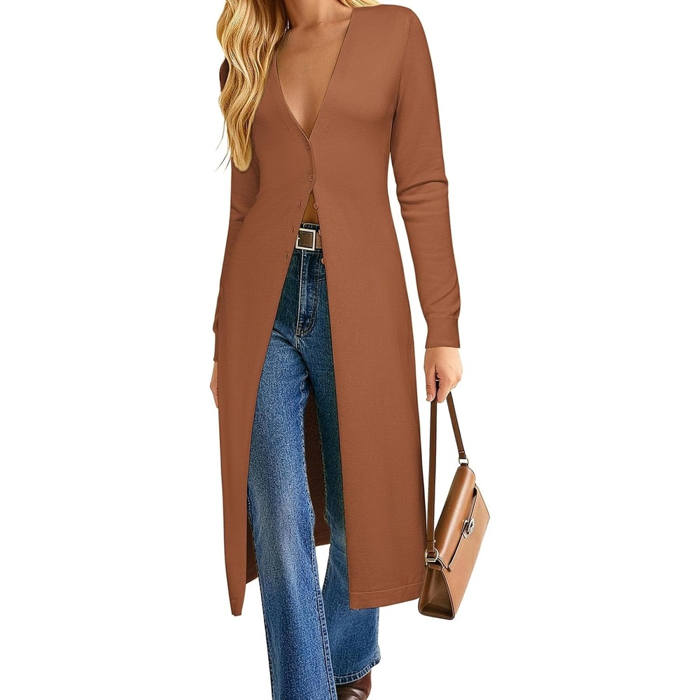 image:imageGRACE KARIN Womens Long Cardigan Trendy Lightweight Knit Dusters CoatCoffee Brown