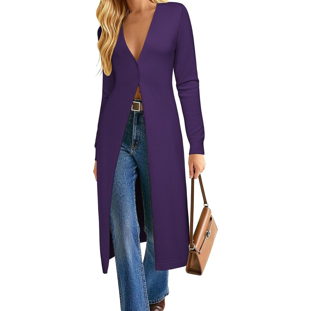 image:imageGRACE KARIN Womens Long Cardigan Trendy Lightweight Knit Dusters CoatDark Purple