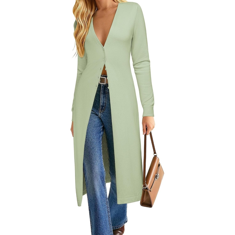 image:imageGRACE KARIN Womens Long Cardigan Trendy Lightweight Knit Dusters CoatLight Green