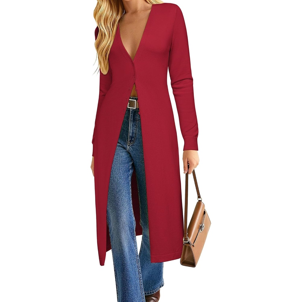 image:imageGRACE KARIN Womens Long Cardigan Trendy Lightweight Knit Dusters CoatRed