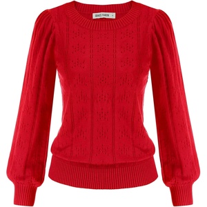 GRACE KARIN Puff Long Sleeve Crochet Fall Sweaters for Women Trendy 2026(Cl0834 Red Long Sleeve)