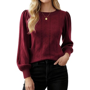GRACE KARIN Puff Long Sleeve Crochet Fall Sweaters for Women Trendy 2026(Dark Wine Red)