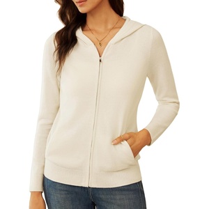 GRACE KARIN Women 100% Merino Wool Cardigan Sweater, Zip Up Hoodie Sweater(Apricot White)