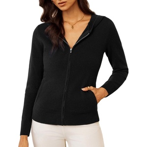 GRACE KARIN Women 100% Merino Wool Cardigan Sweater, Zip Up Hoodie Sweater(Black)
